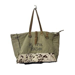 Myra Bag Viridescent Upcycled Canvas & Cowhide Weekender Large Travel Bag S-1444